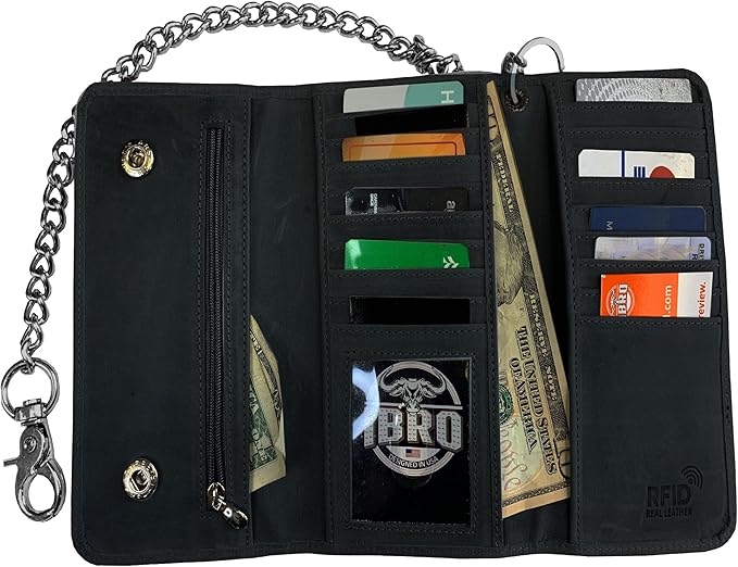 IBRO VINTAGE Motorcycle Chain Wallet for Men – Premium Cowhide Leather, RFID Tri-Fold Biker Wallet with Heavy Duty Chain for Bikers Truckers & Hunters, Credit Card Money Organizer Long Wallet | Long Trifold, RFID Blocking, Men's, Trucker Biker