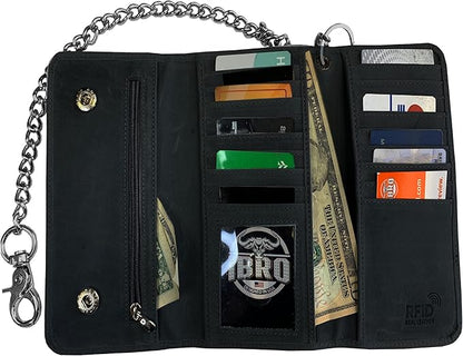 IBRO VINTAGE Motorcycle Chain Wallet for Men – Premium Cowhide Leather, RFID Tri-Fold Biker Wallet with Heavy Duty Chain for Bikers Truckers & Hunters, Credit Card Money Organizer Long Wallet | Long Trifold, RFID Blocking, Men's, Trucker Biker