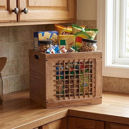 Geelin 2 Pack Wood Storage Bins with Handles 11 x 11 x 11 Inch 22l Cube Multipurpose Decorative Vintage Farmhouse Wood Rope Crate Stackable Cube Containers Organizing Bins for Toy Clothes Books Office