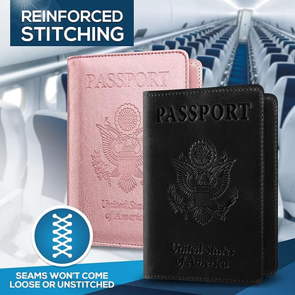Ciana Passport Holder for Travel – PU Leather Passport Cover and Card Holder for Men & Women – Slim Passport Holder with Card Protector Slot, Travel Must Haves (Black & Pink)