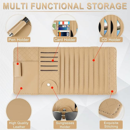alpmosn Sun Visor CD Case Holder for Car - Multi-Function Visor Organizer with CD/DVD Storage, Eyeglass Clip, Card Slots & Pen Holder, Durable Leather Car Accessories (Beige)