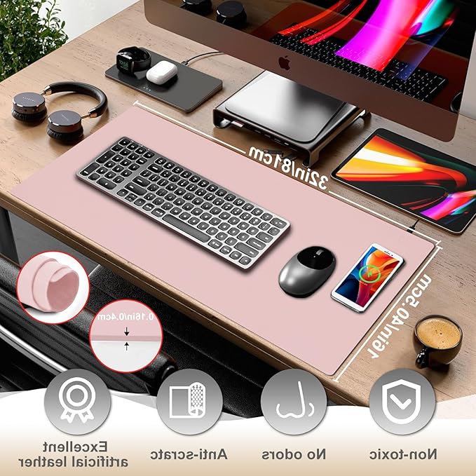 Desk Mat with Wireless Charging, Pink Mouse Pad with Wireless Charger, Desk Pad Matt for Desktop, Mousepad Gaming Large Mouse Pad, Leather Compute for Keyboard and Mouse, 32" x 16"