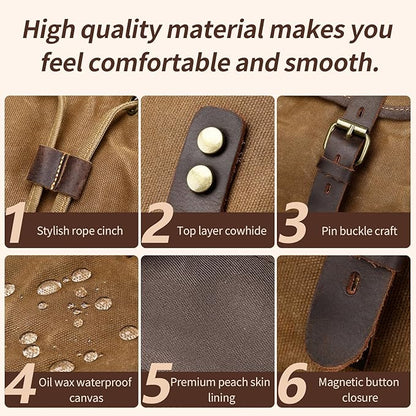 Wogarl Leather Backpack for Men, Waxed Canvas Vintage Backpack Rucksack for Business College Travel Hiking Shoulder Daypacks With Toiletry Bag(Khaki)