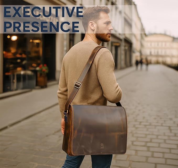 Leather Messenger Bag for Men 16" Full Grain Leather Laptop Bag Vintage Crossbody Office Satchel Travel Shoulder Bag