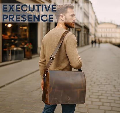 Leather Messenger Bag for Men 16" Full Grain Leather Laptop Bag Vintage Crossbody Office Satchel Travel Shoulder Bag
