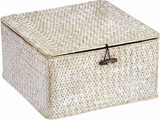 Hipiwe Wicker Shelf Basket Bin Square Handwoven Seagrass Storage Basket with Lid Home Organize Box for Bookshelf Living Room Bath Room Multipurpose Basket Container, Whitewash Large