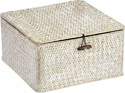 Hipiwe Wicker Shelf Basket Bin Square Handwoven Seagrass Storage Basket with Lid Home Organize Box for Bookshelf Living Room Bath Room Multipurpose Basket Container, Whitewash Large