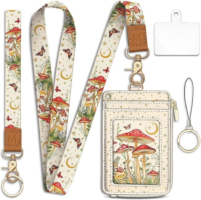 Lanyard Wallet with Id Badge Holder, Mushroom RFID Small Keychain Wallet Women Wristlet, Cute Zipper Credit Card Holder Phone Wrist Neck Strap for Key Name Tag, Teacher Student Office Gifts