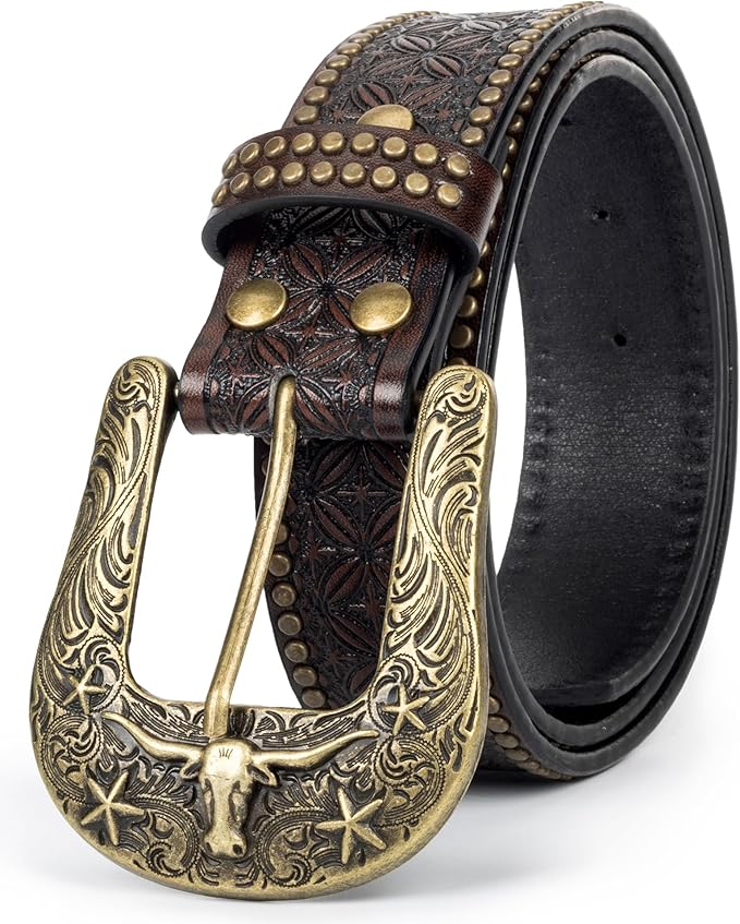 INOGIH Adjustable-Vintage-Western-Cowboy-Belt Women Men - Cowboy-Style Engraved-Buckle Belt for Jeans Pants Dresses