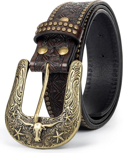 INOGIH Adjustable-Vintage-Western-Cowboy-Belt Women Men - Cowboy-Style Engraved-Buckle Belt for Jeans Pants Dresses
