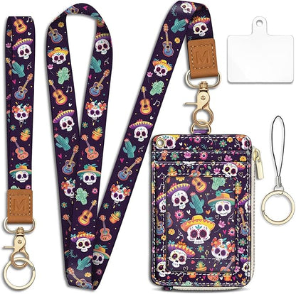 Day of The Dead Lanyard Wallet with ID Badge Holder, Skull Small RFID Wallet Women Keychain Wristlet, Slim Credit Card Holder with Zipper Pocket Phone Lanyard Wrist Strap Name Tag Office Teacher Gift