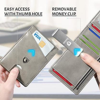 GSOIAX Slim Leather RFID Bifold Wallet for Men Minimalist Front Pocket Wallet with Money Clip,12 Card Slots,ID Window,Cool Groove Design,Includes Gift Box (Retro Grey)