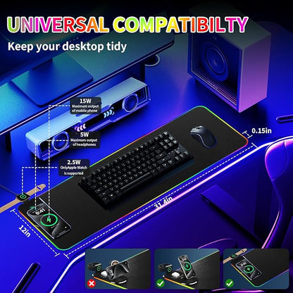15W Wireless Charging Mouse Pad - Large RGB Gaming Desk Mat (31.4"x12"), Waterproof Leather Mousepad with Phone Holder, Includes PD Adapter & USB-C Cable - for Office & Home, Black
