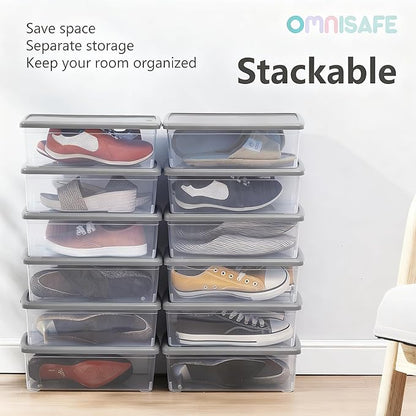Stackable Plastic Storage Shoebox, BPA-Free Nestable Container with Latching Lid to Organize Shoes, See-Through Box for Home and Office, Multi-Purpose Storage Case, Clear Bins (12 Pack 6 Quart Gray)