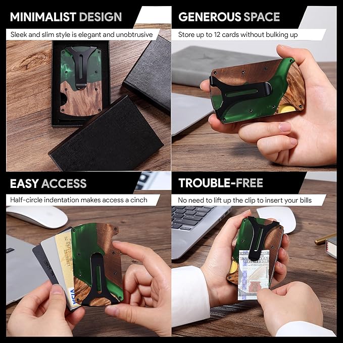 Wallet for Men, Minimalist Slim RFID Blocking Resin Wood Credit Card Holder with Money Clip, Easily Removable Cash&Card Metal Wallet,Resin River,Natuarl Walnut Wood,Unique Pattern,Gift for Men