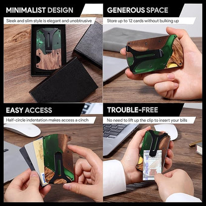 Wallet for Men, Minimalist Slim RFID Blocking Resin Wood Credit Card Holder with Money Clip, Easily Removable Cash&Card Metal Wallet,Resin River,Natuarl Walnut Wood,Unique Pattern,Gift for Men