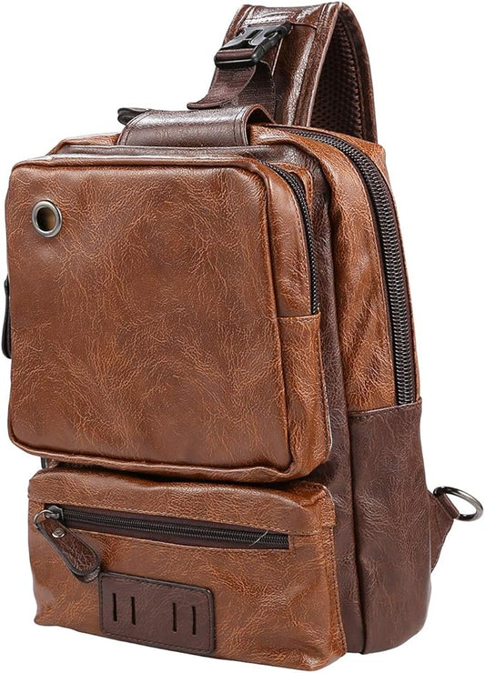 Men's Lightweight PU Leather Sling Bag - Breathable Crossbody Pack with USB Charging Port & 6 Pockets, Easy Access Organizer for Tablet/Gym Essentials - Commute, Travel, Work(Brown)