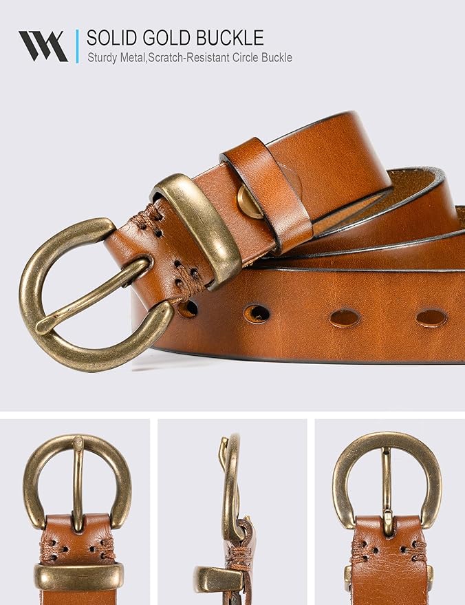 WOLFANT Full Grain Leather Belt for Women,1.1" Ladies Casual leather Jean Belt with Vintage Circle buckle in Gift Box