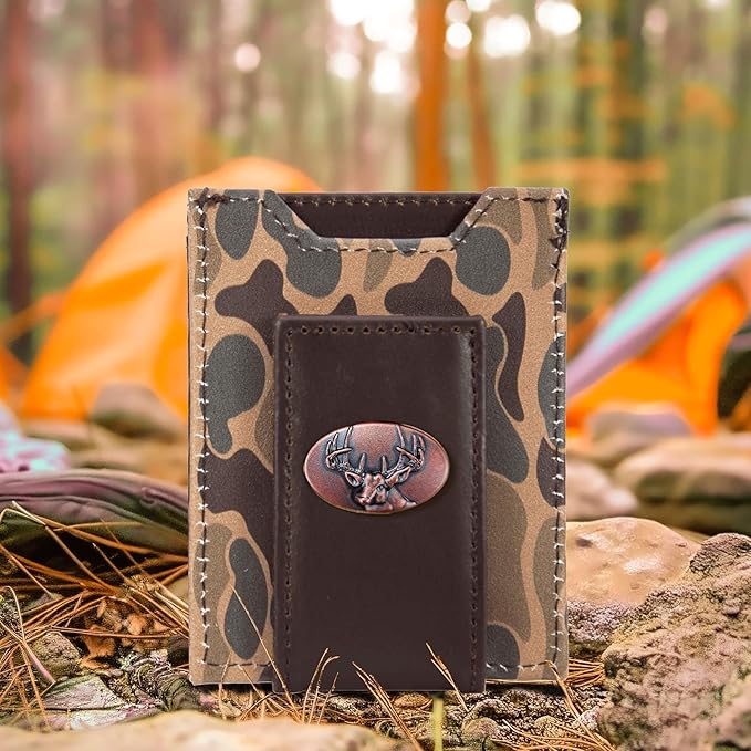 ZEP-PRO Buck Men's Magnetic Front Pocket Old School Camo Leather Wallet – Slim Design with Card Slots and Money Clip, Brown/Tan Camo