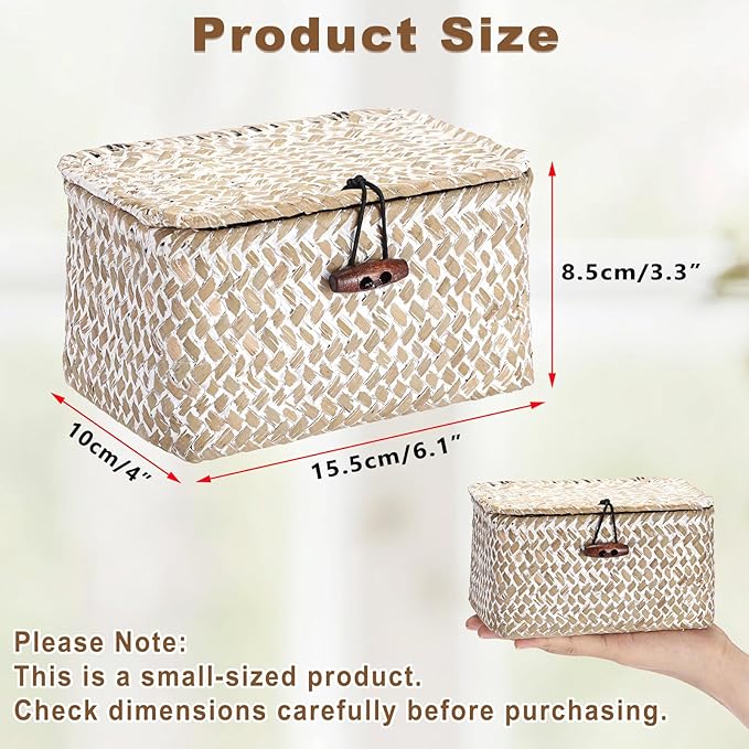 Hipiwe Wicker Shelf Basket Mini Seagrass Basket with Lid Key Holder Box for Entry Tabletop Desk Organizer Home Decor, Whitewash 6.1" x 4" x 3.3"
