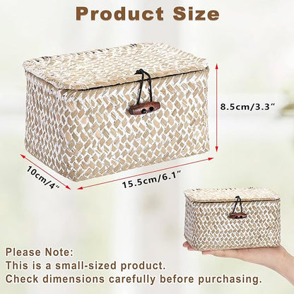 Hipiwe Wicker Shelf Basket Mini Seagrass Basket with Lid Key Holder Box for Entry Tabletop Desk Organizer Home Decor, Whitewash 6.1" x 4" x 3.3"