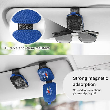 SINGARO Sunglasses Holder for Car, Leather Magnetic Buckle Sun Visor Sunglass Clip, Ticket Card Storage Glasses Clip, Car Interior Accessories for Men and Women（2PCS Black-Blue）