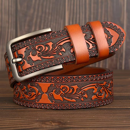 Men's Casual Genuine Leather Jeans Belts Vintage Leather Engraved Strap with Single Prong Buckle