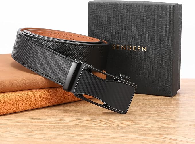 SENDEFN Men's Leather Belt - Automatic Ratchet Slide Buckle, Easy Trim-to-Fit Function, Packaged with Gift Box