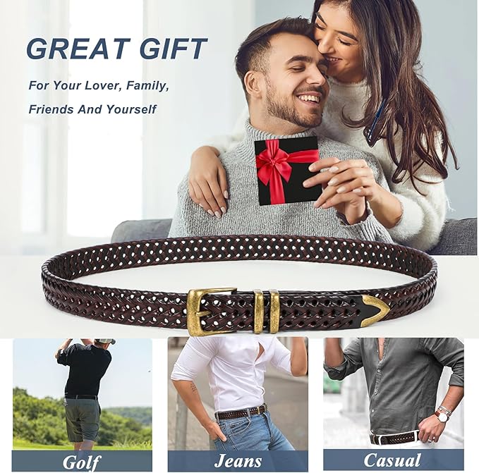BELTROAD Braided Leather Belt for Men Casual Jeans Golf, Men's Leather Woven Alloy Buckle Hand Braided Belts Gift for Men