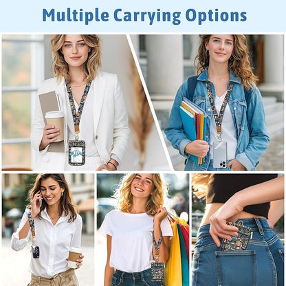 Goth Bookshelf Skull Lanyard Wallet with ID Badge Holder, Witchy Small RFID Wallet Women Keychain Wristlet, Slim Credit Card Holder with Zipper Pocket Phone Lanyard Wrist Strap Name Tag Office Teacher