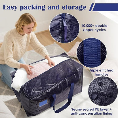 6 Pack Moving Bags Heavy Duty 210GSM with Full-Open Side Zipper, 93L 65lbs Waterproof Foldable Storage Totes for College Dorm Move-In, Moving Boxes Alternative & Home Organization, Blue