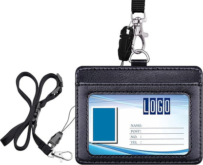 Wisdompro 2-Sided PU Leather ID Badge Holder with 1 ID Window and 1 Card Slot and 1 piece 23 Inch Adjustable Polyester Detachable Neck Lanyard Strap (Holds 3 to 4 Cards) - Black (Horizontal)