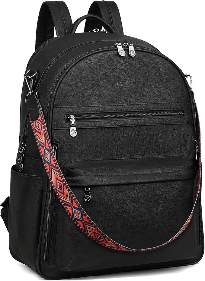 FADEON 15.6 inch Laptop Backpack Purse for Women Designer PU Leather Computer Backpacks Fashion for Work Travel Black