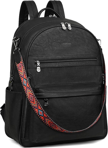 FADEON 15.6 inch Laptop Backpack Purse for Women Designer PU Leather Computer Backpacks Fashion for Work Travel Black