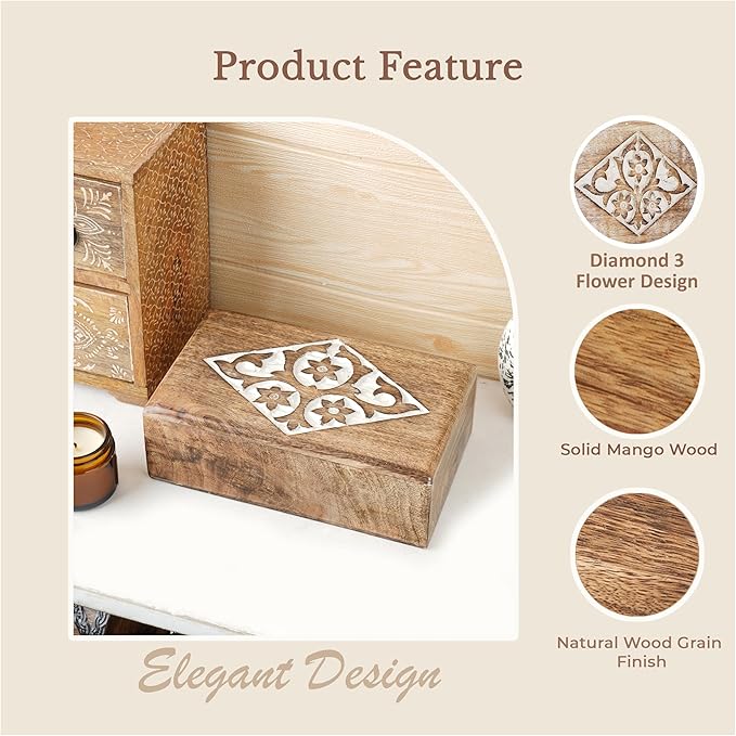 Ajuny Wooden Jewelry Box floral and Diamond Carvings Handmade Decorative Brown and White Storage Box Multipurpose Organizer Trinket Holder Case Unique Gifts for Men & Women