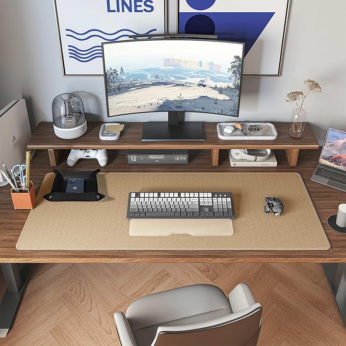 DAWNTREES Dual Sided Desk Mat,Leather Desk Pad,Black 35.5"x17",Cork Desk Mat Protector,with PU Leather Valet Tray Organizer,Large Mouse Pad,Desk Writing Pad for Office and Home