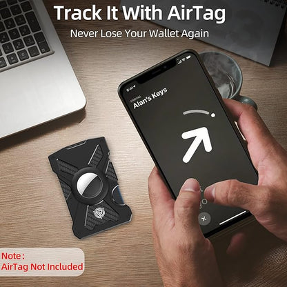 Oaridey AirTag Wallet (No AirTag) with Money Clip, Slim Wallet with AirTag Holder, Minimalist Wallet for Men, Carbon Fiber Wallet, RFID Blocking, Holds 15 Cards, Ultra-Thin Tactical Wallet- Black