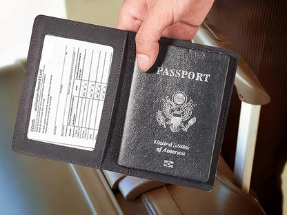 Genuine Leather Passport and Vaccine Card Holder Combo, RFID Blocking, Black, Unisex