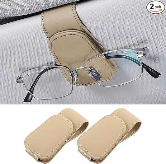 2PCS Sunglasses Holders for Car Sun Visor, Leather Eyeglasses Hanger Mounter, Magnetic Glasses Holder and Ticket Card Clip, Universal Auto Interior Accessories (Yellow, 2PCS)