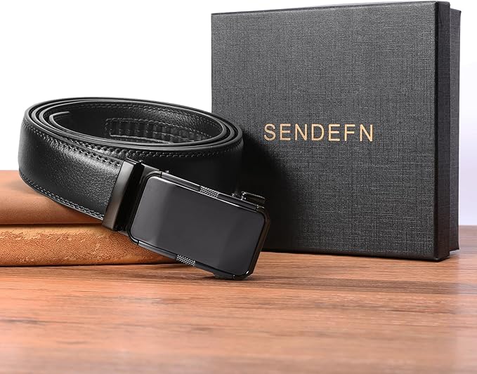 SENDEFN Men's Leather Belt Automatic Ratchet Buckle Slide Belt for Dress Casual Trim to Fit with Gift Box