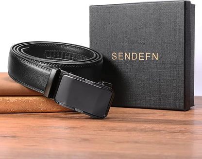 SENDEFN Men's Leather Belt Automatic Ratchet Buckle Slide Belt for Dress Casual Trim to Fit with Gift Box
