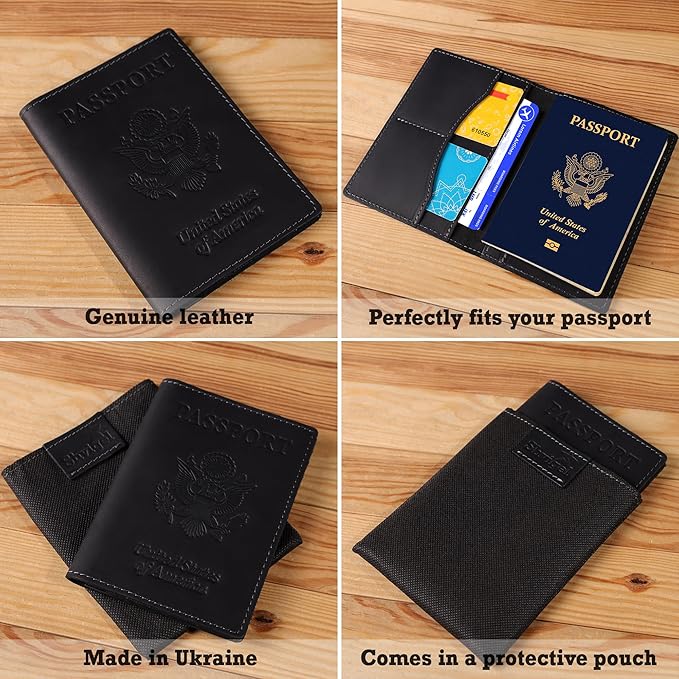 Shvigel Genuine Leather Passport Cover – Passport Holder for Men & Women – Crazy Horse Leather Travel Wallet Black