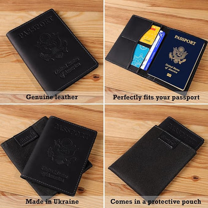 Shvigel Genuine Leather Passport Cover – Passport Holder for Men & Women – Crazy Horse Leather Travel Wallet Black