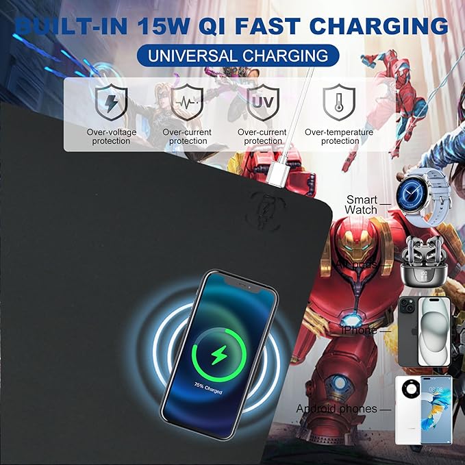 Desk Mat with Wireless Charging, Black Mouse Pad with Wireless Charger, Desk Pad Matt for Desktop, Mousepad Gaming Large Mouse Pad, Leather Compute for Keyboard and Mouse, 32" x 16"