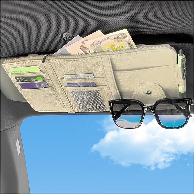 Car Visor Organizer with Sunglass Holder,Multi-Functional Car Sun Visor Organizer with Zipper for Cards,Money,Tickets,Leather Interior Accessories (Beige)