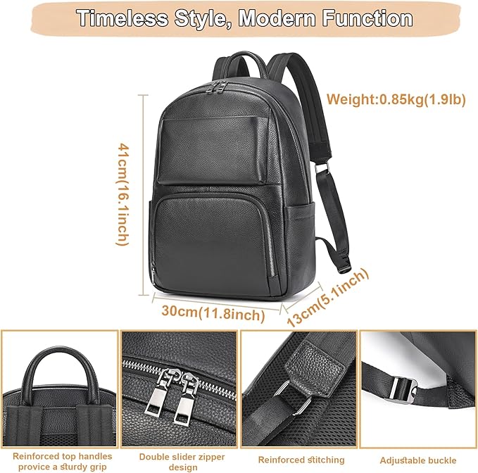 Genuine Leather 15.6 Inch Laptop Backpack for Men, Multi Pocket Casual Daypack Shoulder Bag for Business Travel Outdoor, Black