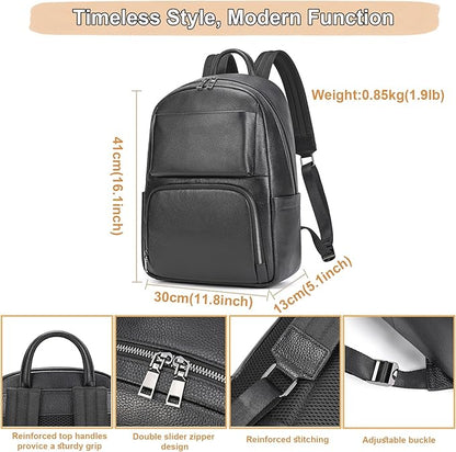 Genuine Leather 15.6 Inch Laptop Backpack for Men, Multi Pocket Casual Daypack Shoulder Bag for Business Travel Outdoor, Black