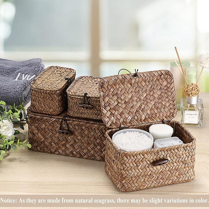 Hipiwe Handwoven Wicker Basket with Lid Desk Organizer for Remote Control Key Glass Coffee Color Seagrass Box for Decoration, 7.0"L x 4.3"W x 3.3"H