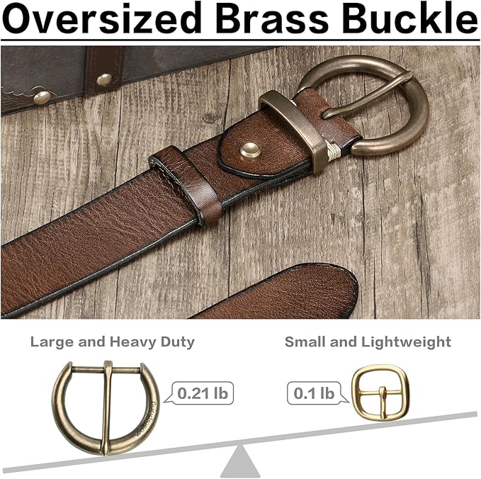 Women's 1.5 inch Leather Belt with Large Brass Buckle - Trendy Vintage Style for Jeans and Pants