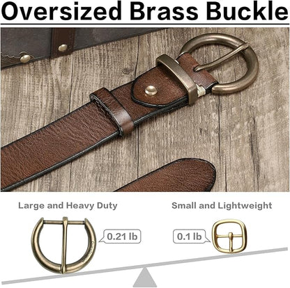 Women's 1.5 inch Leather Belt with Large Brass Buckle - Trendy Vintage Style for Jeans and Pants